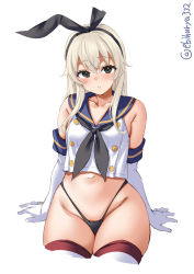 Rule 34 | 1girl, bare shoulders, black eyes, black panties, black ribbon, blonde hair, blue sailor collar, blush, breasts, collarbone, crop top, ebifurya, elbow gloves, gloves, groin, hair between eyes, hair intakes, hair ribbon, highleg, highleg panties, highres, kantai collection, long hair, looking at viewer, navel, no pants, panties, parted lips, ribbon, sailor collar, shimakaze (kancolle), shirt, simple background, sitting, sleeveless, sleeveless shirt, small breasts, solo, striped clothes, striped thighhighs, thighhighs, thighs, twitter username, underwear, white background, white gloves, white shirt