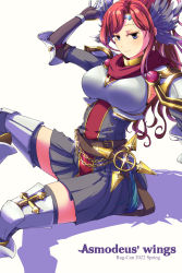 Rule 34 | 1girl, absurdres, armor, black skirt, black thighhighs, blue eyes, blush, boobplate, breastplate, chain, closed mouth, commentary request, cross, feet out of frame, gauntlets, head wings, highres, leg armor, long hair, looking at viewer, official alternate costume, pauldrons, pleated skirt, ragnarok online, red hair, red scarf, rune knight (ragnarok online), saishichi, scarf, shoulder armor, skirt, smile, solo, sparkle, thighhighs, white wings, wings