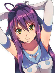 Rule 34 | 1girl, animal ears, arms up, blush, breasts, chiharu (9654784), closed mouth, collarbone, dutch angle, elbow gloves, flipped hair, gloves, green eyes, hair between eyes, highres, lips, long hair, looking at viewer, medium breasts, mouth hold, original, ponytail, sleeveless, smile, solo, tank top, tareme, very long hair, white gloves