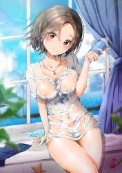 Rule 34 | 1girl, absurdres, blue panties, blue sky, blush, bottle, bottomless, breasts, brown eyes, brown hair, cleavage, cloud, collarbone, curtains, day, earrings, hand up, head tilt, highres, holding, idolmaster, idolmaster cinderella girls, indoors, jewelry, kuria (clear trip second), large breasts, looking at viewer, mizuki seira, naked shirt, navel, necklace, panties, unworn panties, seashell, see-through, shell, shirt, short hair, sitting, sky, smile, solo, starfish, underwear, water, water bottle, wet, wet clothes, wet shirt, white shirt, window