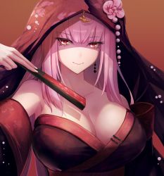 Rule 34 | 1girl, bare shoulders, black kimono, blunt bangs, breasts, cleavage, closed mouth, collarbone, detached sleeves, earrings, folded fan, folding fan, hand fan, highres, holding, holding fan, hololive, hololive english, japanese clothes, jewelry, kimono, large breasts, long hair, long sleeves, looking at viewer, mori calliope, mori calliope (new year), orange background, pink hair, red eyes, saya kuroha, shaded face, simple background, single earring, smile, solo, strapless, upper body, veil, virtual youtuber
