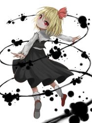 Rule 34 | 1girl, black skirt, black vest, blonde hair, commentary, darkness, floating, from behind, hair ribbon, highres, kayon (touzoku), long sleeves, looking at viewer, looking back, messy hair, outstretched arms, red footwear, ribbon, rumia, shaft look, shirt, short hair, simple background, skirt, smile, socks, solo, spread arms, touhou, umbrakinesis, vest, white background, white shirt, white socks