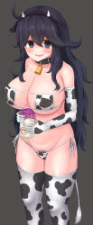 Rule 34 | 1girl, animal ears, animal print, bikini, black hair, blush, bottle, breasts, cleavage, collar, collarbone, covered erect nipples, cow ears, cow print, cow print bikini, cow print gloves, cow print thighhighs, cow tail, creatures (company), dot nose, elbow gloves, embarrassed, fake animal ears, fake horns, fake tail, feet out of frame, female focus, female pubic hair, game freak, gloves, grey background, hex maniac (pokemon), highres, holding, holding bottle, horns, huge breasts, large breasts, long hair, looking at viewer, neck bell, nervous, nervous smile, nintendo, open mouth, pokemon, pokemon xy, print bikini, print gloves, print thighhighs, pubic hair, purple eyes, shipua (the worst night ever), simple background, smile, solo, standing, swimsuit, tail, thighhighs