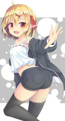 Rule 34 | 1girl, :d, ahoge, ass, bare shoulders, black jacket, black shorts, black thighhighs, blonde hair, camisole, collarbone, commentary request, fang, from behind, grey background, hair between eyes, hair ornament, hair ribbon, hairclip, highres, jacket, long sleeves, looking at viewer, looking back, off shoulder, open clothes, open jacket, open mouth, puffy long sleeves, puffy sleeves, red eyes, red ribbon, ribbon, ribbon-trimmed camisole, ribbon trim, rumia, short shorts, shorts, smile, solo, star (symbol), thighhighs, touhou, twisted torso, two-tone background, uumaru, white background, white camisole, x hair ornament