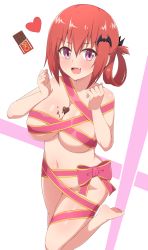Rule 34 | 1girl, :d, bad id, bad pixiv id, barefoot, breasts, chocolate, chocolate on body, chocolate on breasts, commentary request, fang, food on body, gabriel dropout, heart, highres, large breasts, looking at viewer, naked ribbon, nude, nyaroon, open mouth, pink eyes, red hair, red ribbon, ribbon, satanichia kurumizawa mcdowell, short hair, smile, soles, solo, standing, standing on one leg, valentine