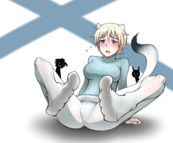 Rule 34 | 10s, 1girl, animal ears, bad id, bad pixiv id, blonde hair, blue eyes, blush, brave witches, crotch seam, feet, military, military uniform, nikka edvardine katajainen, pantyhose, short hair, silhouette demon, sitting, solo, strike witches, tail, ulrich (tagaragakuin), uniform, white pantyhose, world witches series