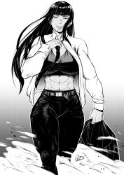 Rule 34 | 1girl, abs, absurdres, blouse, collared shirt, dark-skinned female, dark skin, gradient background, greyscale, highres, hime cut, jacket, unworn jacket, long hair, monochrome, muscular, muscular female, necktie, office lady, open clothes, open shirt, shirt, smoke, speedl00ver, sports bra, tank top, taut clothes, taut shirt, thighs