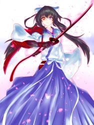 Rule 34 | 1girl, absurdres, black gloves, black hair, bow, closed mouth, commentary request, elbow gloves, floating hair, gloves, hair bow, hakama, hakama skirt, heterochromia, highres, holding, holding sword, holding weapon, japanese clothes, katana, kimono, long hair, long sleeves, looking at viewer, minarai tenna, original, phantasy star, phantasy star online 2, purple eyes, red eyes, skirt, solo, sword, weapon, white bow