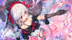 Rule 34 | 1girl, arm garter, azur lane, bare shoulders, bat (animal), black dress, black gloves, black thighhighs, blush, bow, breasts, bridal veil, chain, cleavage, cleavage cutout, clothing cutout, collarbone, dress, dress bow, elbow gloves, fang, fang out, floating hair, flower, from above, from below, gloves, gorgeous mushroom, hair between eyes, hair ornament, hair ribbon, highres, jewelry, light particles, long hair, looking afar, looking away, looking to the side, open mouth, outstretched arm, petals, red eyes, ribbon, rigging, ring, rose, sidelocks, silver hair, silver wings, small breasts, smile, solo, standing, thighhighs, tiara, torpedo launcher, twintails, underwear, vampire (azur lane), vampire (eloi&#039;s blessing) (azur lane), veil, very long hair, wind, window, wings