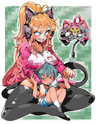 Rule 34 | 1boy, 1girl, age difference, animal ears, blue hair, cat ears, child, controller, game controller, kafun, mature female, onee-shota, original, sitting, sitting on lap, sitting on person, size difference, socks