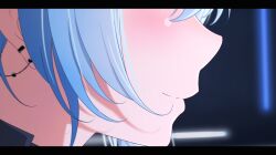 Rule 34 | 1girl, blue hair, blush, closed mouth, commentary, diootaro, earrings, from side, head out of frame, highres, hololive, hoshimachi suisei, hoshimachi suisei (shout in crisis), jewelry, letterboxed, official alternate costume, profile, sidelocks, smile, solo, virtual youtuber