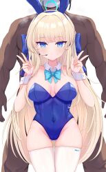 Rule 34 | 1boy, 1girl, absurdres, ana (vvvvor), animal ears, aqua bow, aqua bowtie, bare shoulders, blonde hair, blue archive, blue eyes, blue halo, blue leotard, bow, bowtie, breasts, cleavage, clothed female nude male, dark-skinned male, dark skin, detached collar, doodle sensei (blue archive), double v, fake animal ears, halo, headset, highres, leotard, long hair, looking at viewer, medium breasts, nude, official alternate costume, rabbit ears, sensei (blue archive), simple background, thighhighs, toki (blue archive), toki (bunny) (blue archive), v, white background, white thighhighs
