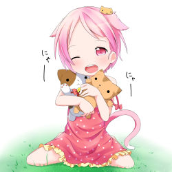 Rule 34 | 1girl, animal ears, cat, cat ears, cat hair ornament, cat tail, hugging doll, dress, frilled dress, frills, hair ornament, highres, makuran, hugging object, one eye closed, open mouth, original, pink dress, pink eyes, pink hair, polka dot, polka dot dress, sitting, smile, solo, stuffed animal, stuffed cat, stuffed toy, tail, wariza