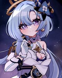Rule 34 | 1girl, blue hair, breasts, cleavage, cleavage cutout, clothing cutout, crescent, crescent earrings, dress, earrings, energy sword, fascinator, gloves, griseo, griseo (cosmic expression), hair between eyes, highres, holding, holding brush, holding lightsaber, honkai (series), honkai impact 3rd, jewelry, large breasts, light blue hair, lightsaber, long hair, looking at viewer, peacock feathers, pino (pino2452), purple eyes, smile, sword, upper body, weapon, white dress, white gloves