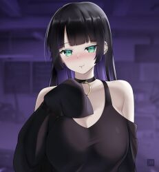 Rule 34 | 1girl, bare shoulders, black choker, black hair, black shirt, blunt bangs, blurry, blush, bocchi the rock!, breasts, choker, clothing cutout, colored inner hair, depth of field, ear piercing, earrings, freshtango, goth fashion, green eyes, hand up, highres, jewelry, large breasts, long hair, long sleeves, looking at viewer, mouth piercing, multicolored hair, nose blush, pa-san, piercing, shirt, shoulder cutout, sleeves past fingers, sleeves past wrists, smile, solo, upper body