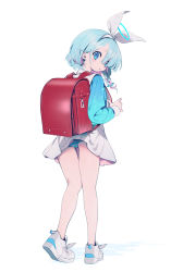 Rule 34 | 1girl, :o, arona (blue archive), backpack, bag, blue archive, blue eyes, blue hair, blue shirt, braid, bukurote, commentary request, female focus, from behind, full body, hair ribbon, halo, highres, long hair, long sleeves, looking at viewer, looking back, multicolored hair, panties, parted lips, pink hair, pleated skirt, puffy long sleeves, puffy sleeves, randoseru, ribbon, sailor collar, school uniform, serafuku, shirt, shoe soles, shoes, simple background, single braid, skirt, solo, standing, striped clothes, striped panties, two-tone hair, underwear, white background, white footwear, white ribbon, white sailor collar, white skirt