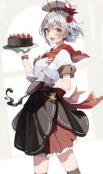 Rule 34 | 1girl, absurdres, bow, cake, cowboy shot, flower, food, genshin impact, gloves, green eyes, grey hair, hair flower, hair ornament, hat, hat bow, highres, holding, holding plate, icing, looking at viewer, lumo 1121, noelle (genshin impact), open mouth, pastry bag, plate, red bow, rose, shirt, short hair, skirt, solo, white gloves, white shirt