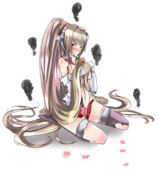 Rule 34 | 10s, 1girl, bare shoulders, blush, brown eyes, brown hair, burnt clothes, ceda (dace), cherry blossoms, covering breasts, covering privates, flower, hair flower, hair ornament, highres, holding, holding own hair, kantai collection, kneeling, long hair, looking at viewer, personification, ponytail, single thighhigh, skirt, smoke, solo, thigh strap, thighhighs, torn clothes, very long hair, yamato (kancolle)
