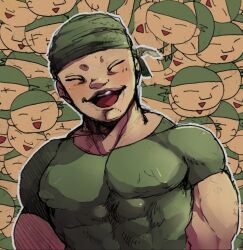 Rule 34 | 1boy, abs, artist request, chibi, closed eyes, facial hair, gaia (grappler baki), grappler baki, looking at viewer, male focus, military, military uniform, multiple views, muscular, mustache, pectorals, simple background, smile, standing, uniform, upper body