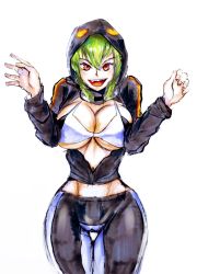 Rule 34 | 1girl, alternate breast size, bike shorts, bikini, bikini top only, breasts, cleavage, digimon, digimon world re:digitize, drawfag, fang, green hair, highres, hood, hoodie, huge breasts, jacket, marker (medium), narrow waist, navel, open clothes, open jacket, open mouth, red eyes, shinomiya rina, solo, swimsuit, thigh gap, traditional media, underboob, white background