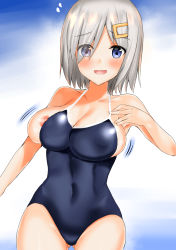 Rule 34 | 1girl, blue eyes, blue one-piece swimsuit, breasts, commentary request, competition school swimsuit, covered navel, eyes visible through hair, female focus, gluteal fold, gradient background, hair ornament, hair over one eye, hairclip, hamakaze (kancolle), highres, kantai collection, large breasts, looking at viewer, masa (masa craft twi), nipple slip, nipples, one-piece swimsuit, school swimsuit, short hair, silver hair, solo, swimsuit, thigh gap, white background