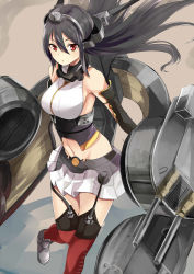 Rule 34 | 10s, 1girl, bare shoulders, black hair, breasts, elbow gloves, gloves, headgear, highres, kantai collection, large breasts, long hair, midriff, nagato (kancolle), red eyes, skirt, solo, thighhighs, yoshizawa tsubaki