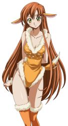 Rule 34 | 1girl, animal ears, bare shoulders, blush, breasts, brown hair, cleavage, code geass, code geass: nunnally in wonderland, cosplay, fawn, female focus, fur trim, green eyes, highres, leotard, long hair, looking at viewer, shirley fenette, simple background, smile, solo, stitched, tail, thigh gap, thighhighs, third-party edit, very long hair