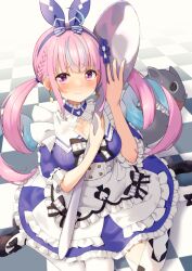 Rule 34 | 1girl, ahoge, apron, black footwear, blue hair, blue ribbon, blush, braid, breasts, checkered floor, cleavage cutout, clothing cutout, commentary request, crying, crying with eyes open, dress, drill hair, earrings, faubynet, frilled dress, frills, hair ribbon, highres, hololive, hugging object, jewelry, large breasts, minato aqua, minato aqua (aqua iro in wonder land), multicolored hair, neko (minato aqua), oversized object, pantyhose, pink eyes, pink hair, ribbon, sitting, solo, spoon, tears, twin drills, two-tone hair, virtual youtuber, waist apron, wariza, white pantyhose