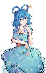Rule 34 | 1girl, blue dress, blue eyes, blue hair, breasts, cleavage, dress, floral print, hair between eyes, hair ornament, hair stick, highres, kaku seiga, looking at viewer, orchid (orukido), simple background, smile, solo, touhou, white background