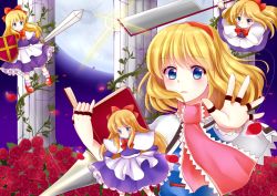 Rule 34 | 1girl, alice margatroid, apron, bad id, bad pixiv id, blonde hair, blue eyes, book, bow, capelet, dress, expressionless, flower, flying, full moon, glaive (polearm), glint, hair bow, hairband, jewelry, lance, long hair, looking at viewer, mary janes, mochinya21, moon, open book, outstretched hand, parted lips, pillar, plant, polearm, puppet rings, puppet strings, red flower, red rose, ribbon, ring, rose, shanghai, shanghai doll, shield, shoes, short hair, solo, sword, touhou, upper body, vines, waist apron, weapon