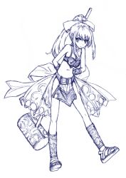 Rule 34 | 1girl, armor, blue hair, bow, breasts, bustier, choker, hair ribbon, hammer, leaning forward, lineart, long hair, meru (dragoon), midriff, monochrome, navel, ponytail, ribbon, sandals, sidelocks, simple background, sketch, small breasts, solo, the legend of dragoon, toes, weapon, white background, wrist cuffs
