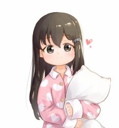Rule 34 | 1girl, baigao, baigao-ji (baigao), black eyes, black hair, child, chinese commentary, commentary request, hair between eyes, hair ornament, hairclip, heart, heart print, highres, hugging object, light blush, long hair, long sleeves, looking at viewer, original, pajamas, pillow, pillow hug, print pajamas, simple background, sleeves past wrists, smile, solo, upper body, white background