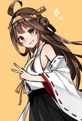 Rule 34 | 1girl, ahoge, black skirt, brown hair, commentary request, detached sleeves, double bun, grin, hairband, headgear, highres, japanese clothes, kantai collection, katsuobushi (eba games), kongou (kancolle), long hair, looking at viewer, pleated skirt, purple eyes, ribbon-trimmed sleeves, ribbon trim, simple background, skirt, smile, solo, v, yellow background