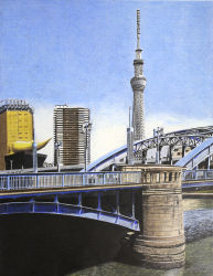 Rule 34 | 2013, bridge, building, city, cityscape, colored pencil (medium), dated, day, no humans, original, real world location, river, ryota884, scenery, signature, tokyo (city), tokyo skytree, traditional media