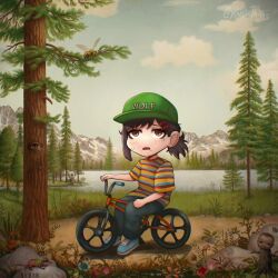 Rule 34 | absurdres, album cover, baseball cap, bicycle, blue footwear, brown eyes, brown hair, chainsaw man, cover, denim, forest, hair ornament, hairclip, hat, higashiyama kobeni, highres, jeans, kanpaithighs, lake, mountain, nature, outdoors, pants, parody, ponytail, shirt, striped clothes, striped shirt, tree, tyler the creator, wolf (tyler the creator album)