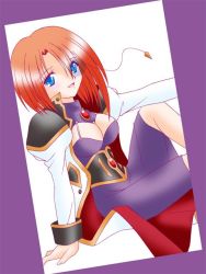 Rule 34 | 00s, 1girl, blue eyes, cleavage cutout, clothing cutout, forte stollen, galaxy angel, looking at viewer, monocle, open mouth, red hair, simple background, smile, solo, tagme