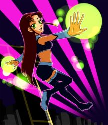 Rule 34 | 1girl, boots, cartoon network, dc comics, female focus, flying, full body, green eyes, long hair, looking back, midriff, miniskirt, nobumichi, red hair, skirt, solo, starfire, tank top, teen titans, thigh boots, thighhighs