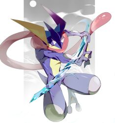 Rule 34 | 1boy, animal feet, artist name, blue skin, bright pupils, colored skin, creatures (company), fighting stance, fins, frog boy, full body, furry, furry male, game freak, gen 6 pokemon, greninja, half-closed eyes, head fins, highres, holding, holding sword, holding weapon, laiweitui, liquid weapon, long tongue, male focus, multicolored skin, nintendo, outside border, pillarboxed, pokemon, pokemon (creature), red eyes, shiny skin, signature, solo, sword, thick thighs, thighs, toned, toned male, tongue, tongue out, twitter username, two-tone skin, weapon, webbed feet, white pupils, yellow skin