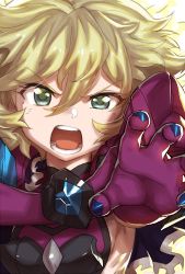 Rule 34 | 1girl, blonde hair, carol malus dienheim, clothing cutout, elbow gloves, gloves, green eyes, looking at viewer, mole, mole under eye, murakami hisashi, open mouth, outstretched arm, ribs, senki zesshou symphogear, shiny skin, short hair, side cutout, sideless outfit, solo, teeth