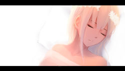Rule 34 | 1girl, absurdres, bare shoulders, blonde hair, closed eyes, closed mouth, collarbone, commentary, hair ornament, highres, letterboxed, long hair, lying, on back, original, pillow, shimmer, solo