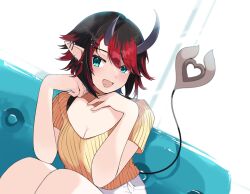 Rule 34 | 1girl, :d, absurdres, alternate costume, black hair, blue eyes, blush, breasts, cleavage, commentary request, demon girl, demon horns, demon tail, dutch angle, ear bar, ear piercing, earclip, earrings, feet out of frame, hair between eyes, hair ornament, hairclip, highres, horns, jewelry, large breasts, leaning forward, looking at viewer, medium bangs, multicolored hair, multiple earrings, nanashi inc., open mouth, piercing, pointy ears, red hair, ryugasaki rene, shirt, short hair, short sleeves, shorts, sitting, smile, solo, striped clothes, striped shirt, tail, two-tone hair, vertical-striped clothes, vertical-striped shirt, virtual youtuber, white shorts, yellow shirt, zono (inokura syuzo029)
