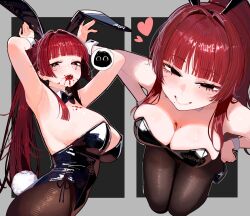 1girl animal_ears armpits black_eyes black_leotard blood blood_on_chest blood_on_face blood_on_mouth blunt_bangs bow bowtie breasts detached_collar fake_animal_ears fake_tail fishnets heart heart-shaped_pupils highleg highleg_leotard large_breasts leotard long_hair looking_up mole mole_on_breast mole_under_eye mole_under_mouth ms._tsu multiple_views original pantyhose playboy_bunny rabbit_ears rabbit_pose rabbit_tail red_hair smile speech_bubble strapless strapless_leotard symbol-shaped_pupils tail wrist_cuffs yume_(ms._tsu)