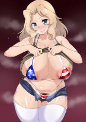 Rule 34 | 1girl, absurdres, american flag bikini, american flag print, areola slip, bikini, blonde hair, blue eyes, blue shorts, blush, breasts, cleavage, clothes lift, collarbone, covered erect nipples, curvy, female focus, female pubic hair, flag print, girls und panzer, groin, highres, huge breasts, kay (girls und panzer), large areolae, lifted by self, looking at viewer, micro shorts, military, military uniform, navel, print bikini, pubic hair, saunders military uniform, shirt lift, short hair, shorts, smile, solo, sweat, swimsuit, tavor (m tavor), thick thighs, thighhighs, thighs, uniform, white thighhighs