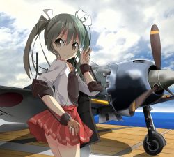 Rule 34 | 10s, 1girl, aircraft, airplane, bad id, bad pixiv id, green hair, highres, kantai collection, looking at viewer, personification, skirt, smile, solo, tantan men (dragon), twintails, v, yellow eyes, zuikaku (kancolle)