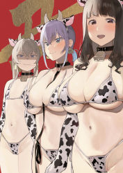 Rule 34 | 3girls, :i, animal ears, animal print, bell, bikini, black collar, black hair, blue eyes, blunt bangs, blush, breast envy, breasts, brown eyes, collar, commentary request, cow ears, cow horns, cow print, ear tag, elbow gloves, fake animal ears, flat chest, gloves, hairband, horns, ikuchan kaoru, ikuchan kaoru (character), large breasts, leash, looking at viewer, multiple girls, navel, original, red background, short hair, swimsuit, virtual youtuber, white gloves, white hair