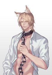 Rule 34 | 1boy, absurdres, animal ear fluff, animal ears, arknights, blonde hair, chain, collar, gradient background, grey background, highres, juechen syl, looking at viewer, male focus, mlynar (arknights), open clothes, open shirt, shirt, short hair, sleeve rolled up, upper body, white background, white shirt, yellow eyes