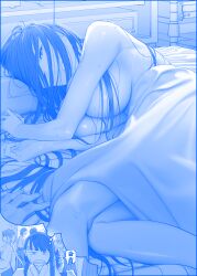 Rule 34 | 4girls, ai-chan (tawawa), alternate hairstyle, anger vein, angry, bed sheet, blue theme, breasts, cellphone, clenched teeth, commentary request, getsuyoubi no tawawa, hair over face, highres, himura kiseki, holding, holding phone, jitome-chan (tawawa), large breasts, long hair, looking at viewer, lying, monochrome, multiple girls, nude, on side, phone, pillow, sada-chan (tawawa), sweat, teeth