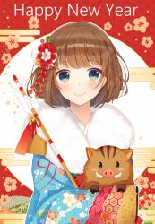 Rule 34 | 1girl, animal, arrow (projectile), bell, black eyes, blue eyes, blue kimono, blush, blush stickers, boar, braid, brown hair, chinese zodiac, closed mouth, commentary request, egasumi, ema, floral print, flower, fur, hair flower, hair ornament, hamaya, happy new year, highres, hiiragi souren, holding, holding animal, japanese clothes, jingle bell, kimono, long sleeves, looking at viewer, new year, original, print kimono, red flower, red ribbon, ribbon, short hair, single braid, smile, solo, tareme, upper body, wide sleeves, year of the pig