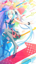 Rule 34 | 1girl, aqua eyes, aqua hair, arrow (symbol), bare shoulders, black necktie, black skirt, black thighhighs, boots, colorful, commentary, english commentary, hair ornament, hatsune miku, highres, long hair, miniskirt, multicolored shirt, necktie, open mouth, outstretched arm, pleated skirt, scrunchie, shi-ro, shirt, skirt, sleeveless, sleeveless shirt, smile, solo, sound wave, speech bubble, tell your world (vocaloid), thigh boots, thighhighs, twintails, very long hair, vocaloid, wrist scrunchie