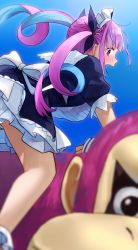 Rule 34 | 1girl, anchor symbol, bent over, black dress, black ribbon, blue background, blue hair, blunt bangs, blush, braid, colored inner hair, crossover, donkey kong, dress, drill hair, french braid, hair ribbon, highres, hololive, long hair, looking at another, maid, maid headdress, memidesuyo, minato aqua, minato aqua (1st costume), multicolored hair, nintendo, nose blush, open mouth, panties, pantyshot, puffy short sleeves, puffy sleeves, purple eyes, purple hair, ribbon, short dress, short sleeves, simple background, sky, super smash bros., twin braids, twin drills, two-tone hair, underwear, virtual youtuber, wavy mouth, white panties, wrist cuffs